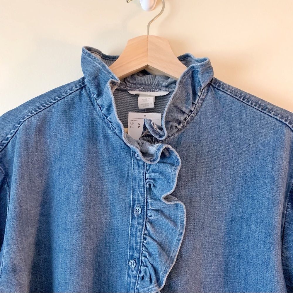 H&M Denim Ruffle Button Up Blouse - Picture 4 of 8